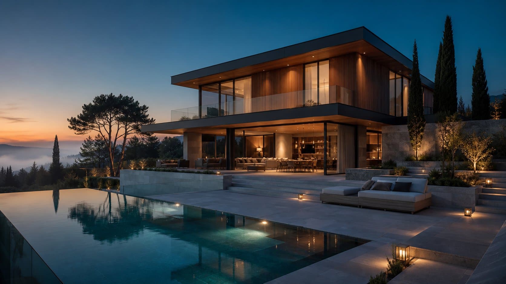 A modern two-storey villa at dusk with a lit terrace and pool